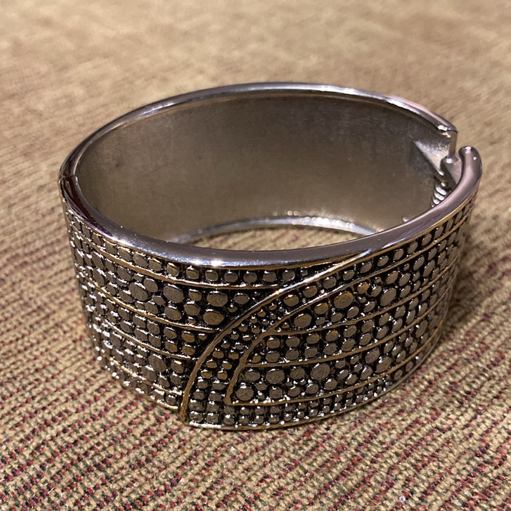 Brassy Textured Spring Hinge Style Cuff Bracelet